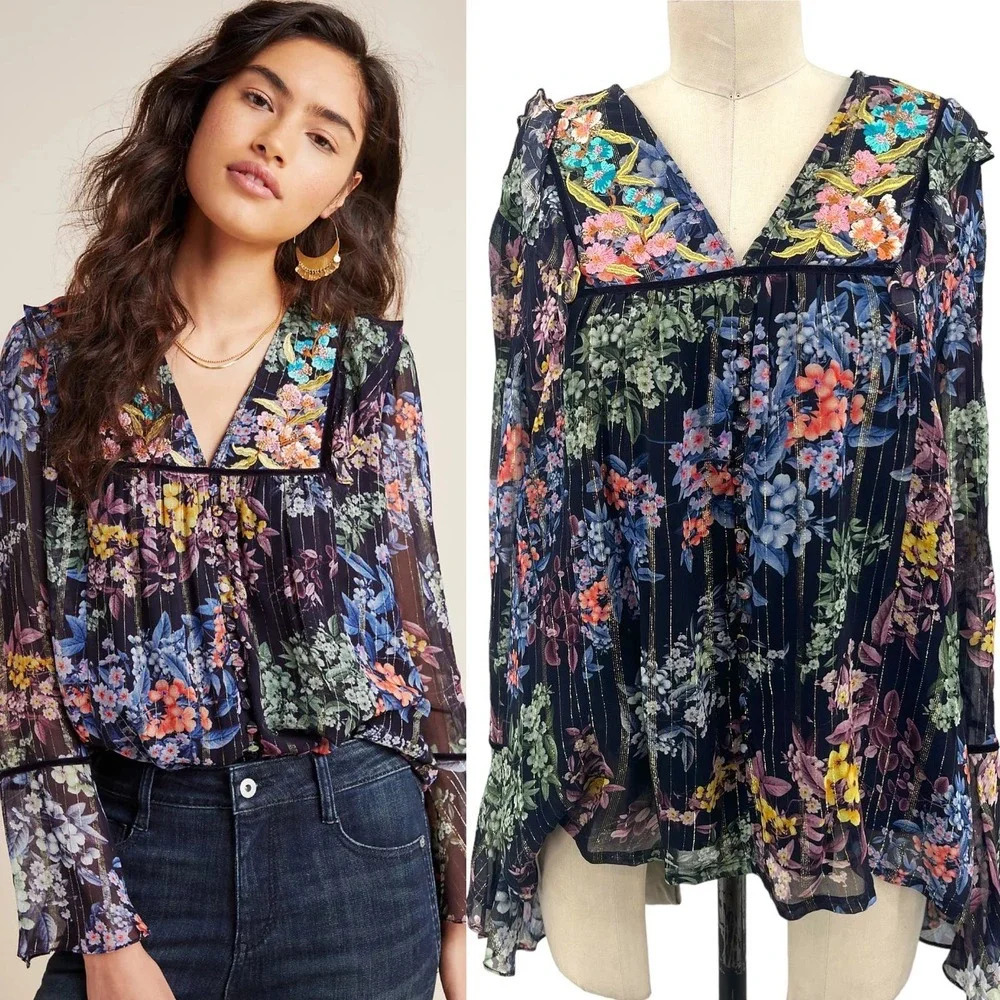 Anthropologie Vineet Bahl Vivienne Blouse Top Embroidered Floral Black Medium